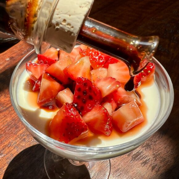 panna cotta with strawberries and traditional balsamic vinegar