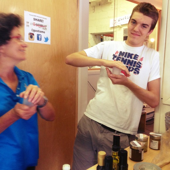 Beatrice and Charlie tasting EVOO.