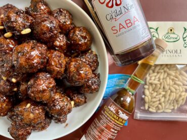 meatballs with saba, colatura, and pine nuts