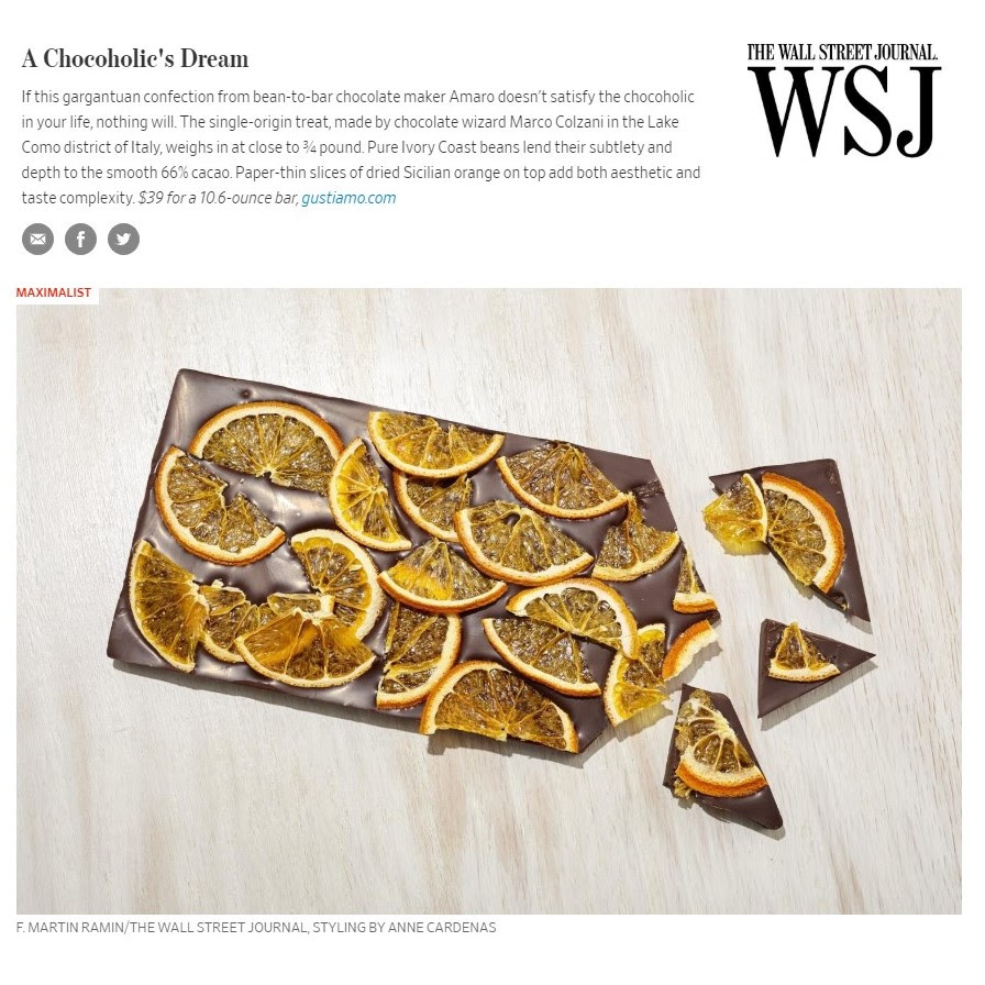 In the Wall Street Journal Gustiamo Marco Colzani bean to bar chocolate gift