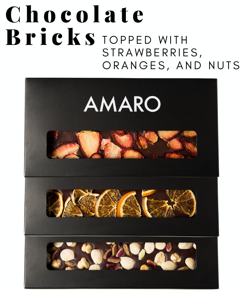 Chocolate Bricks topped with strawberries, oranges, and nuts