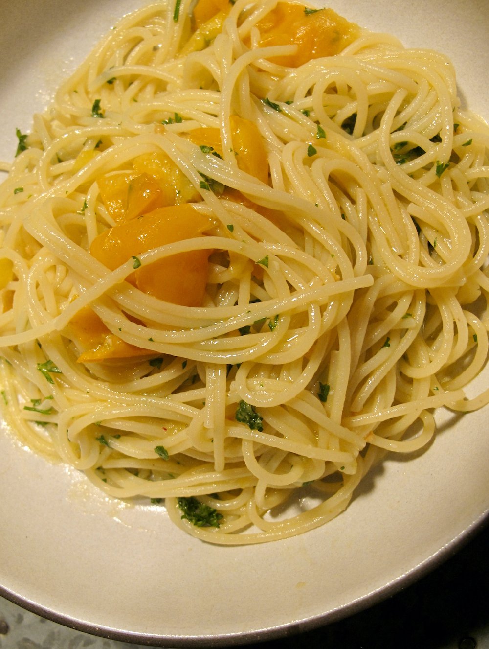 Spaghettini with Yellow Tomatoes & Colatura