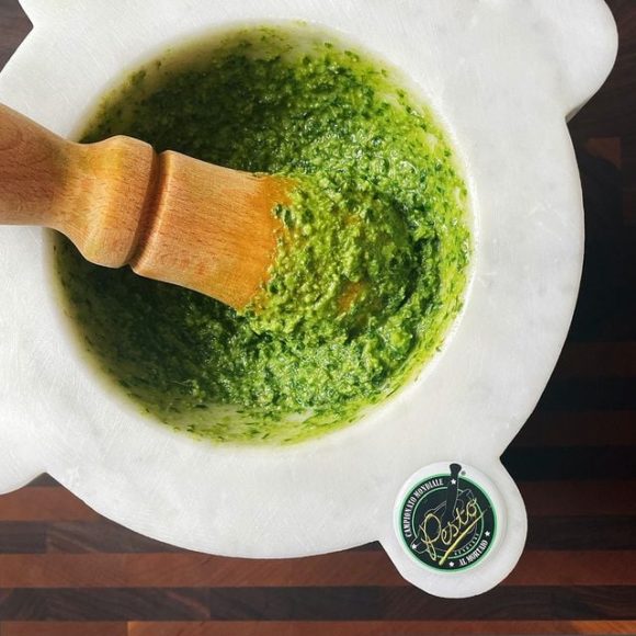 Best Pesto Genovese Basil Pine nuts Pecorino Parmigiano handmade mortar pestle