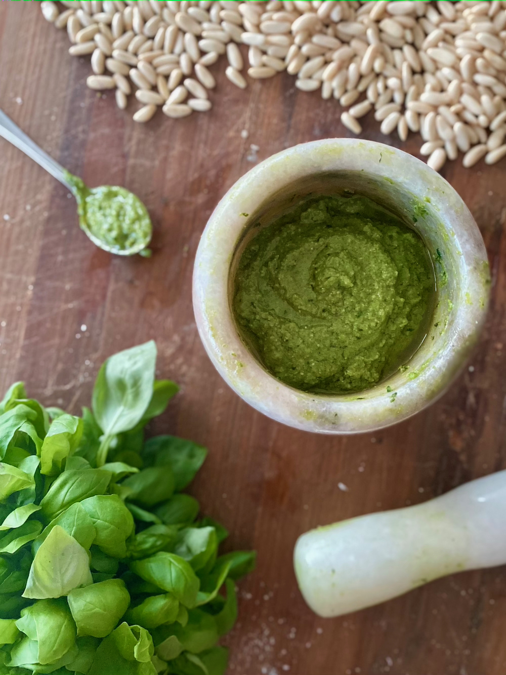 Pesto Genovese recipe basil pine nuts cheese pasta sauce mortar and pestle