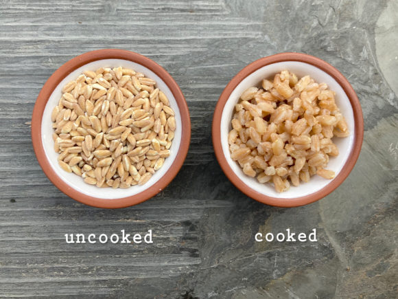 Farro dicoccum cooked uncooked