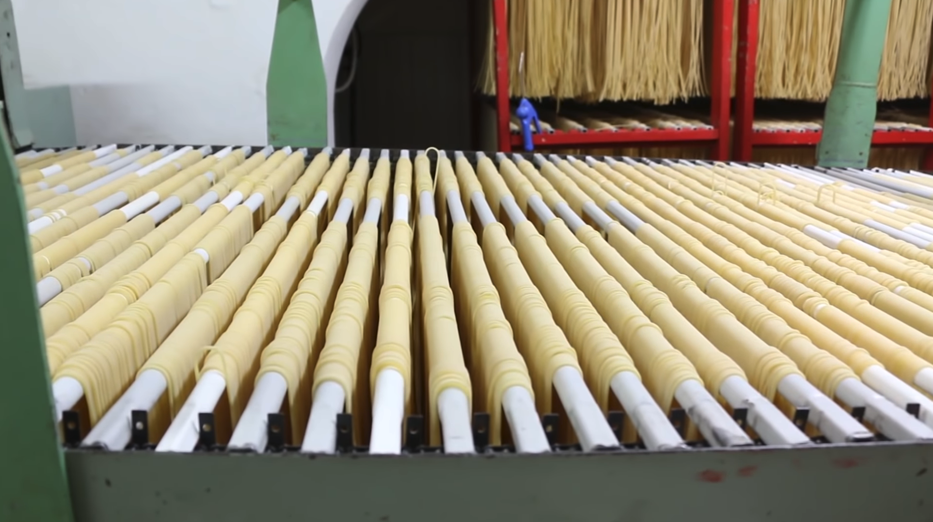 Rows of spaghetti drying