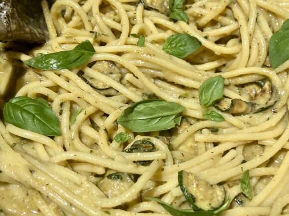 zucchini pasta with basil and anchovy colatura