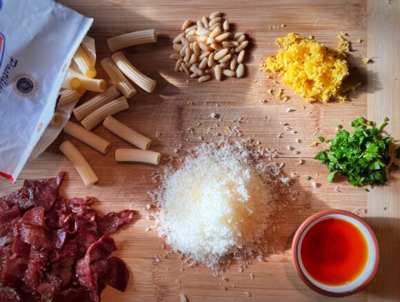 pasta ingredients on a cutting board