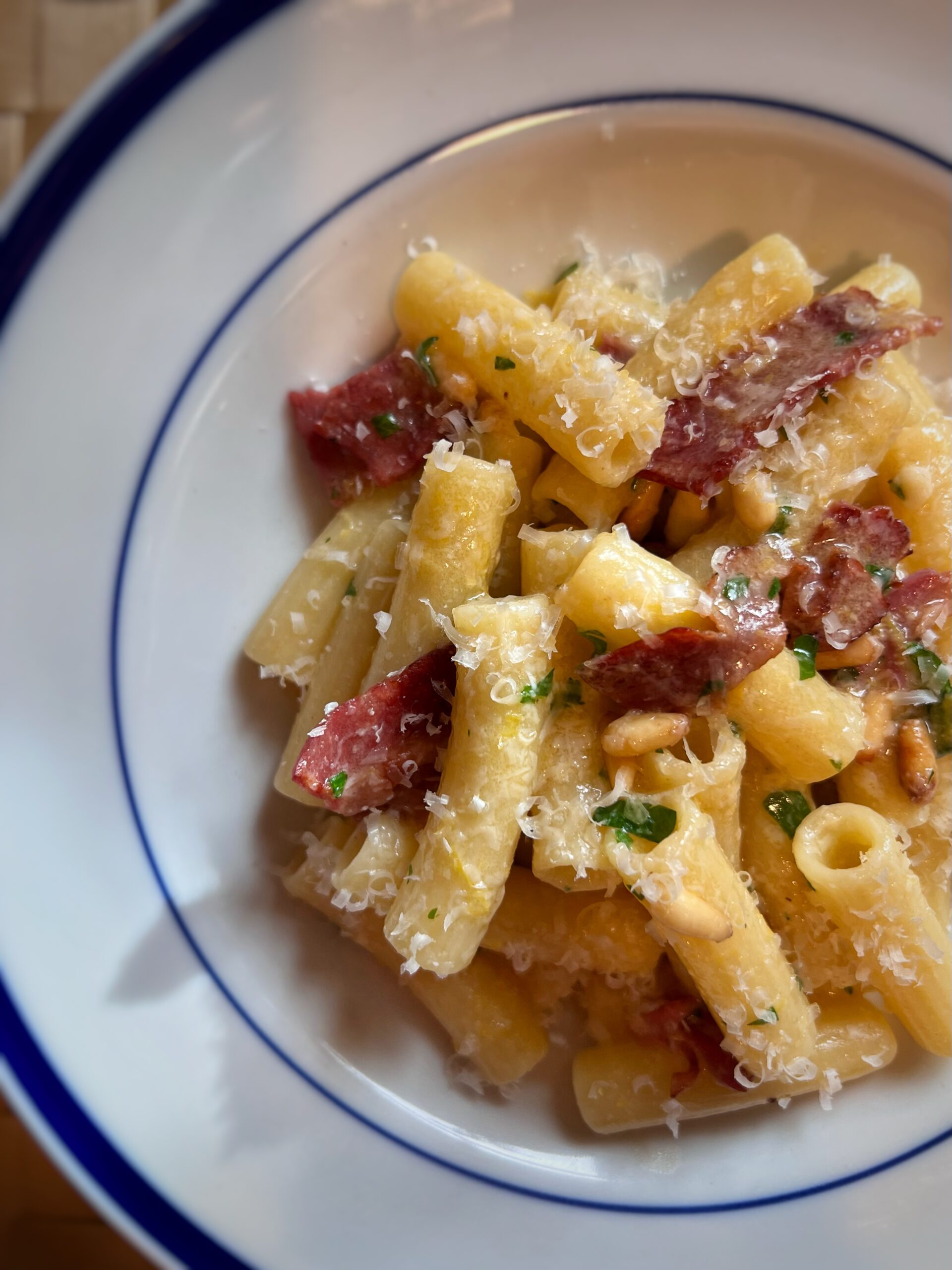 pasta with bacon cheese lemon pine nuts sedani