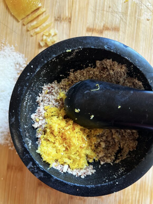 lemon almond pesto mortar and pestle