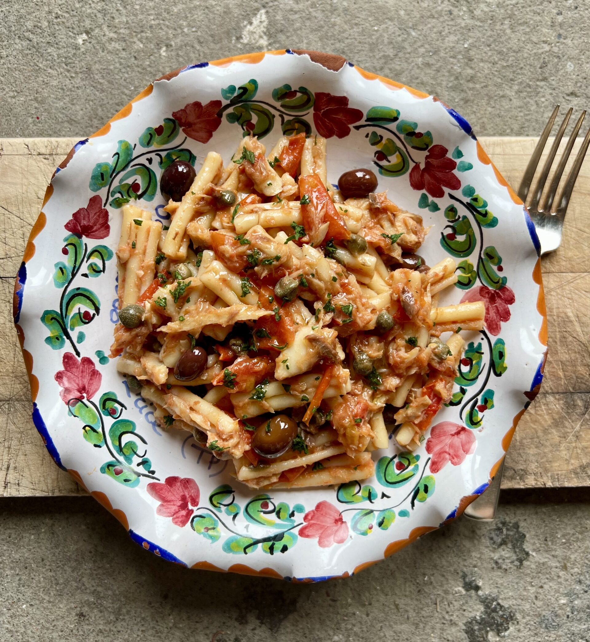 pasta fredda sugarello pignolo tomatoes capers black olives pasta salad