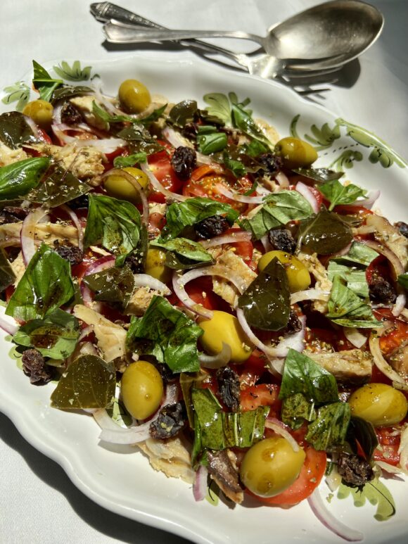 tomatoes castelvetrano olives caper leaves zibibbo raisins saba 6 extra virgin olive oil