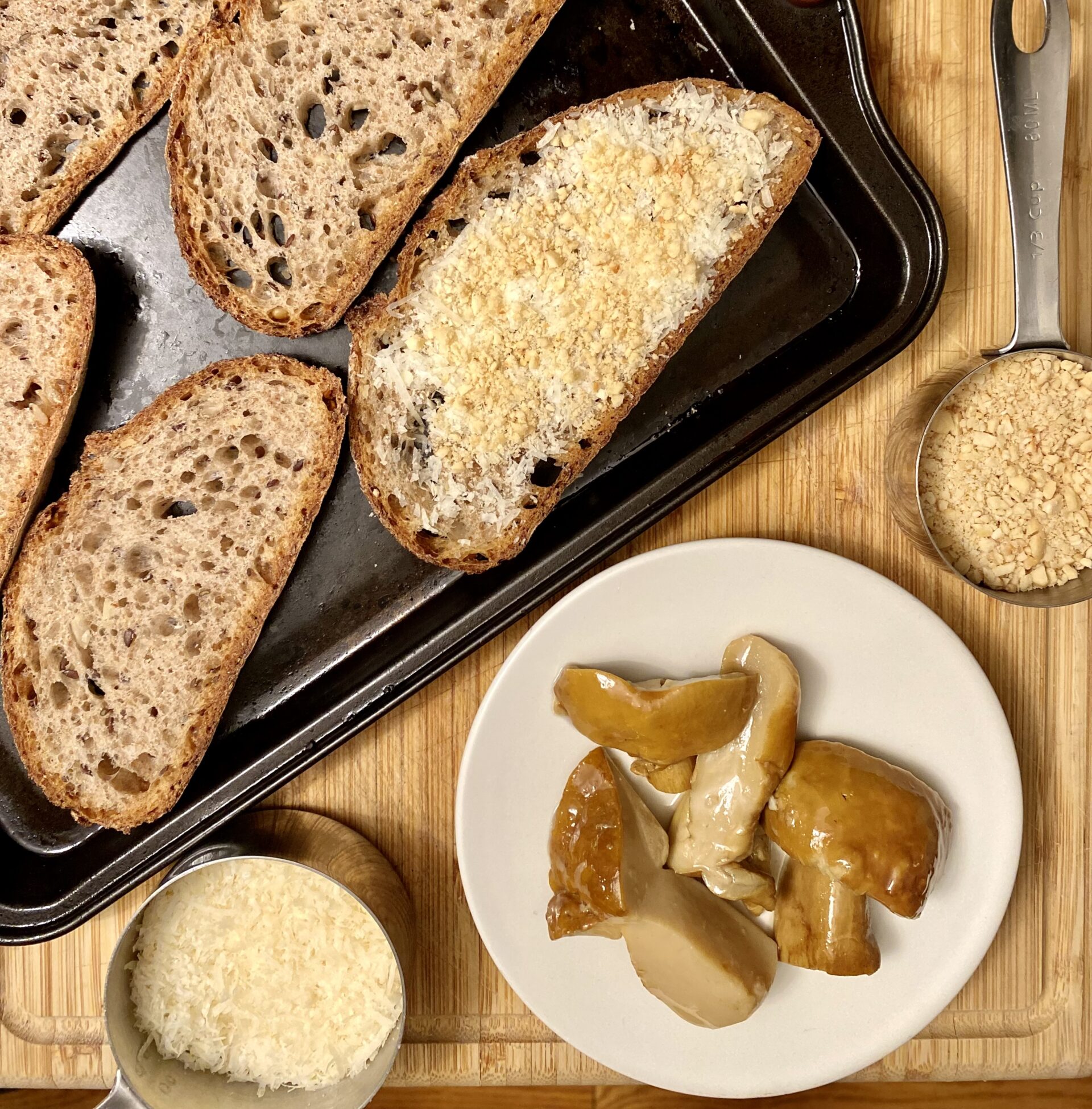 Hazelnut Cheese Crostini with Porcini Mushrooms