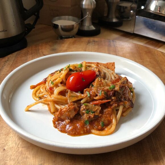 spaghetti alla carriettiera corbarino tomatoes porcini buzzonaglia bluefin tuna