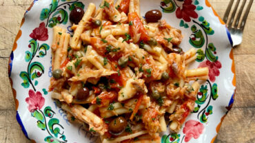 pasta fredda caserecce piennolo tomatoes sugarello taggiasca olives