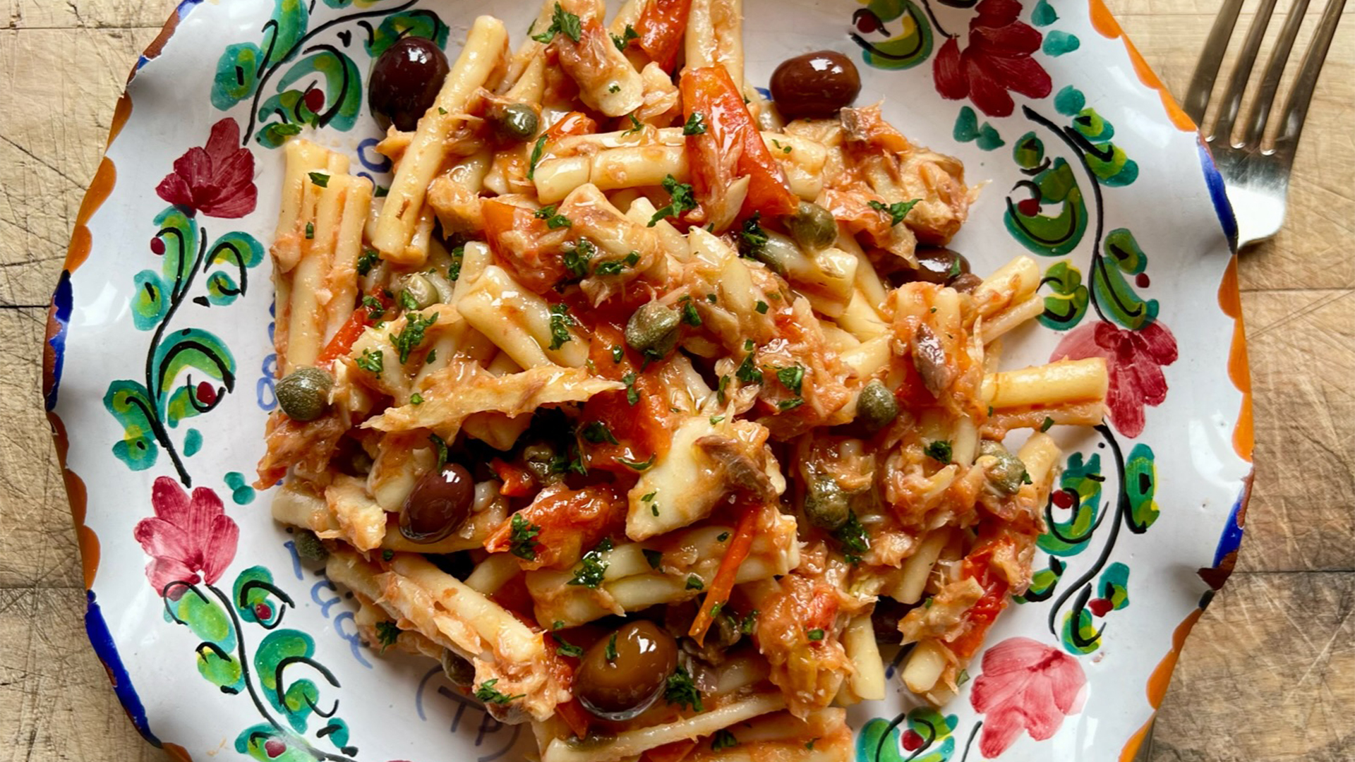 pasta fredda caserecce piennolo tomatoes sugarello taggiasca olives