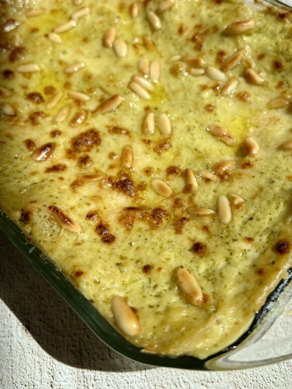 lasagna with pesto genovese and pine nuts