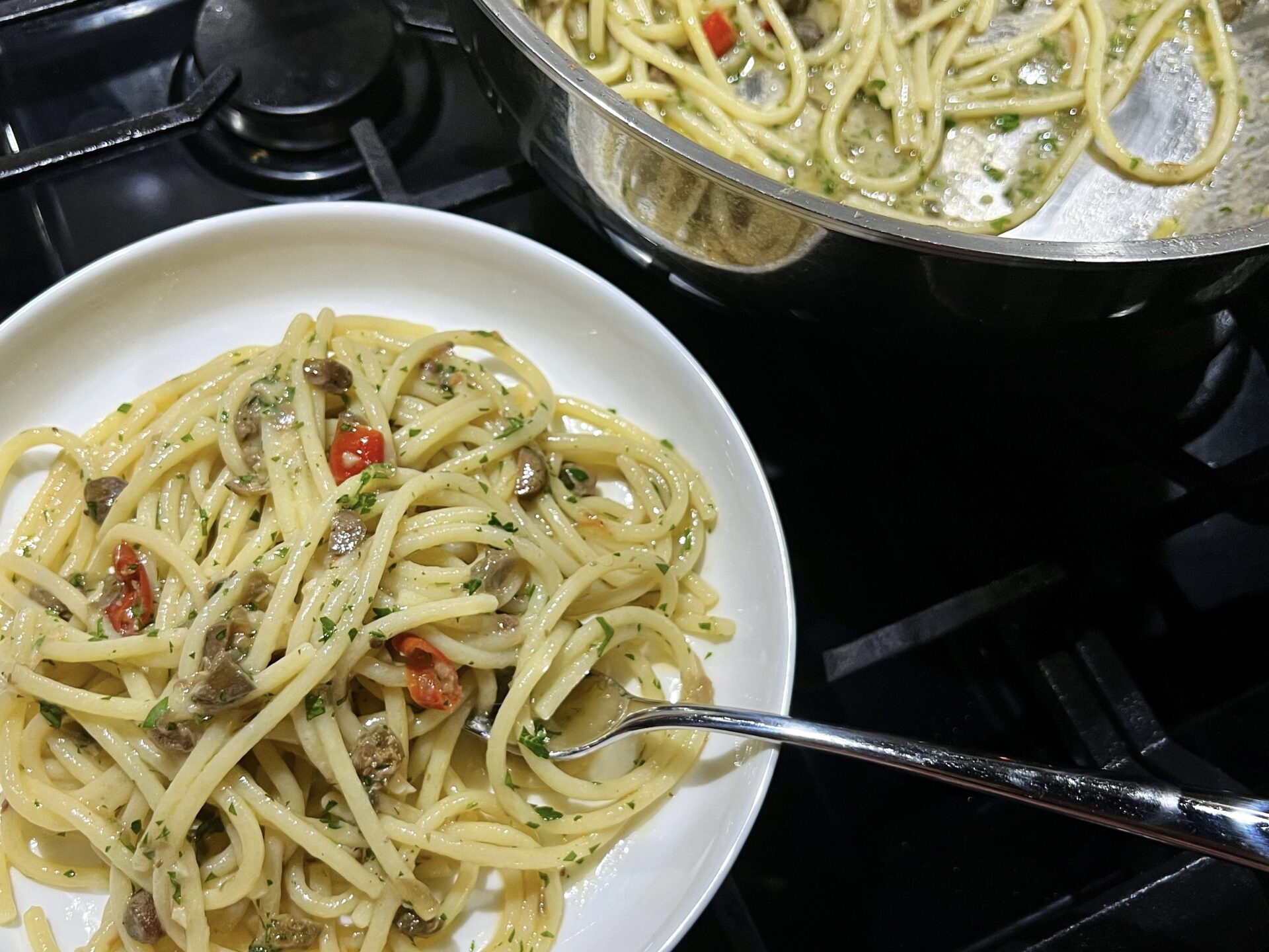 midnight pantry pasta spaghettoni capers chili garlic anchovies