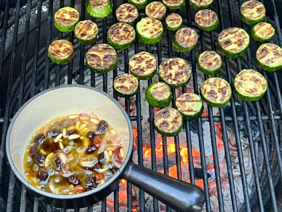 zucchini agrodolce pine nurs capers zibibbo raisins grill