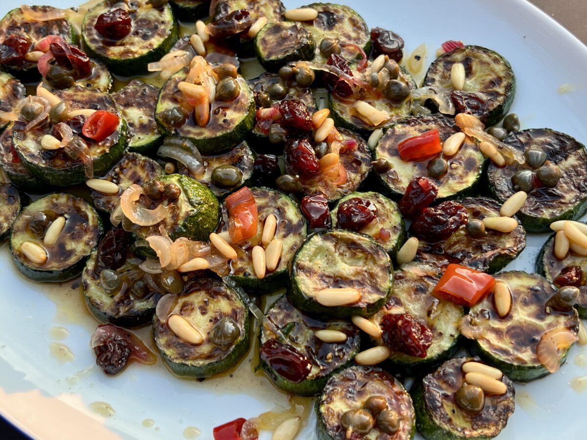 zucchini agrodolce with pine nuts capers zibibbo raisins